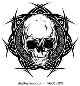 Abstract vector illustration black and white skull on round ornament with celtic knots. Design for tattoo or print t shirt.