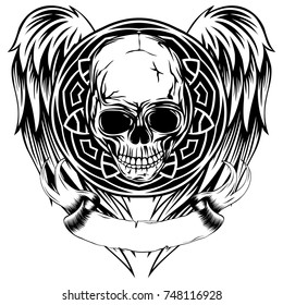 Abstract vector illustration black and white human skull and round ornament on wings. Design for tattoo or print t shirt.