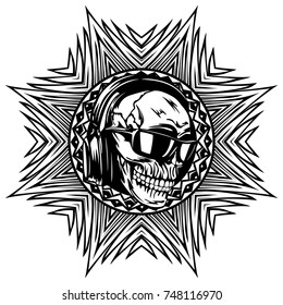 Abstract vector illustration black and white dj skull with headphones and sunglasses on round ornament. Design for tattoo or print t shirt.