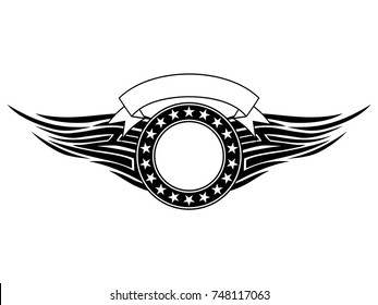 Abstract vector illustration black and white round frame with stars and tribal wings . Design for tattoo or print t-shirt .