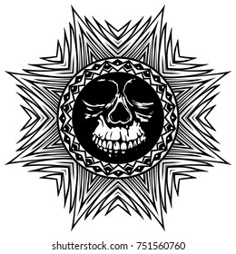 Abstract vector illustration black and white skull on round ornament. Design for tattoo or print t shirt.