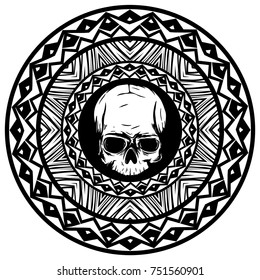 Abstract vector illustration black and white skull on round ornament. Design for tattoo or print t shirt.