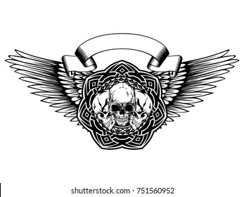 Abstract vector illustration black and white human skulls and round ornament on wings. Design for tattoo or print t shirt.