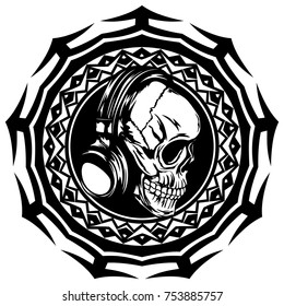Abstract vector illustration black and white skull with headphone on round ornament. Design for tattoo or print t shirt.