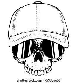 Abstract vector illustration black and white skull without lower jaw in sunglasses and baseball cap. Design for tattoo or print t-shirt.