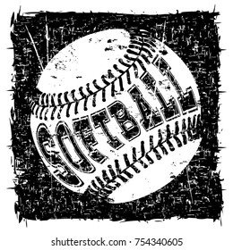 Abstract vector illustration black and white baseball ball on grunge background. Inscription softball. Design for tattoo or print t-shirt.