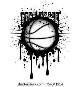 Abstract vector illustration black and white basketball ball on grunge background. Inscription streetball. Design for tattoo or print t-shirt.