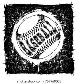 Abstract vector illustration black and white scratched baseball ball on grunge background. Inscription baseball. Design for tattoo or print t-shirt.