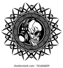 Abstract vector illustration black and white skull with headphone on round ornament with celtic knots. Design for tattoo or print t shirt.
