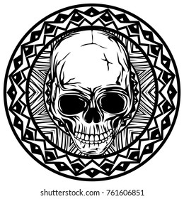 Abstract vector illustration black and white skull on round ornament. Design for tattoo or print t shirt.