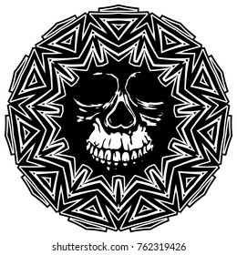 Abstract vector illustration black and white skull on round ornament. Design for tattoo or print t shirt.