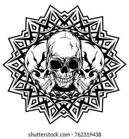 Abstract vector illustration black and white skulls on round ornament. Design for tattoo or print t shirt.