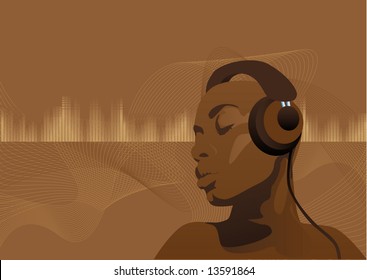 Abstract vector illustration of a black woman listening to music