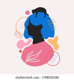 Abstract vector illustration with blue hair woman portrait, black cat silhouette and minimal doodle elements. Modern trendy female print design, collage graphic art, home decoration poster