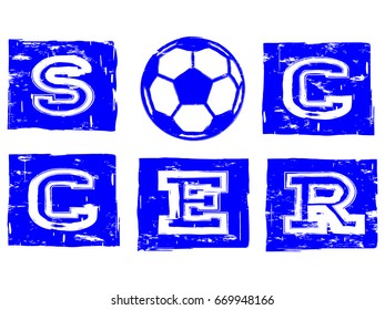 Abstract vector illustration blue inscription soccer with football ball. Design for print on fabric or t-shirt.