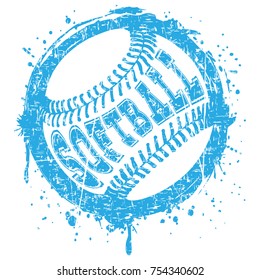 Abstract vector illustration blue scratched baseball ball on grunge background. Inscription softball. Design for tattoo or print t-shirt.