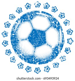 Abstract vector illustration blue shabby stamp football ball with stars. Design for print on fabric or t-shirt.