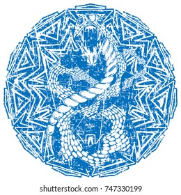 Abstract vector illustration blue shabby stamp snake with open mouth on round ornament. Design for tattoo or print t shirt.