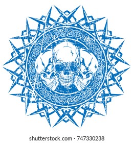 Abstract vector illustration blue shabby stamp human skulls on round abstract ornament with celtic knots. Design for tattoo or print t shirt.