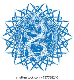 Abstract vector illustration blue shabby stamp snake with open mouth on round ornament with celtic knots. Design for tattoo or print t shirt.