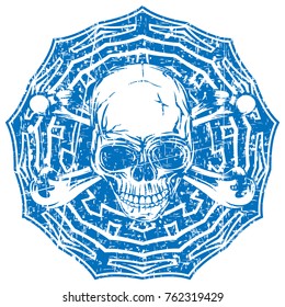 Abstract vector illustration blue shabby stamp human skull with crossed bones on round ornament. Design for tattoo or print t shirt.