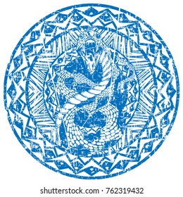 Abstract vector illustration blue shabby stamp snake with open mouth on round ornament. Design for tattoo or print t shirt.