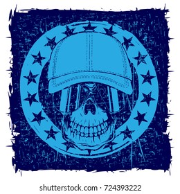 Abstract vector illustration blue skull in sunglasses and baseball cap on grunge background. Design for tattoo or print t-shirt.