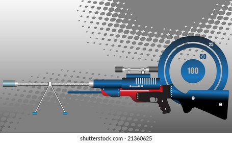 Abstract vector illustration with blue target and sniper rifle with precision lens scope