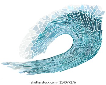 Abstract vector illustration of blue wave crest with foam isolated on white ( handmade stained glass window).