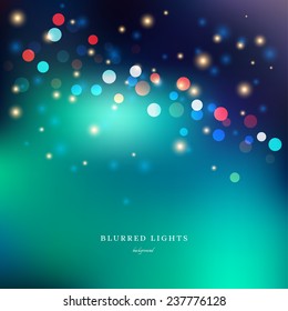 Abstract vector Illustration.  Blurred  Lights on green background with bokeh effect and sparks. 