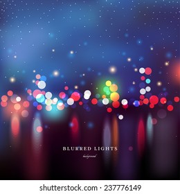 Abstract Vector Illustration.  Blurred  Lights On Colored Background  With Bokeh Effect And Stars. The Image Looks Like The City At Night, Which Is Reflected In The Water.