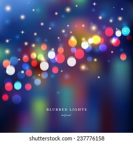 Abstract vector Illustration.  Blurred  Lights on colored background  with bokeh effect and stars. The image looks like a city at night.