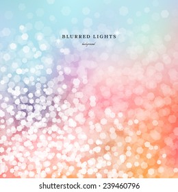 Abstract vector illustration. Blurred Lights on multicolored background. Bokeh effect, glitter and stars.