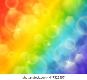 Abstract vector illustration of blurry rainbow colored background with bokeh and lights