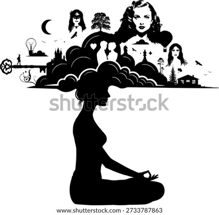 Abstract vector illustration - Body silhouette of a woman meditating with her thoughts and desires - Psyche and stress - Relaxation and order