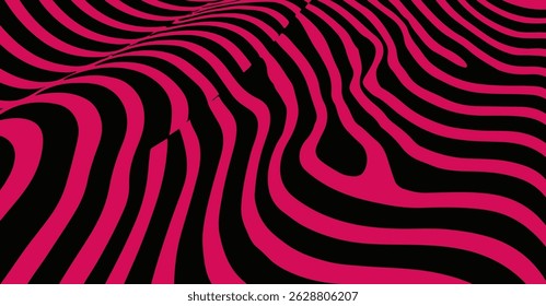 Abstract vector illustration with bold magenta and black wavy stripes, resembling animal print. Modern, eye-catching background perfect for fashion, textiles, or graphic design projects.