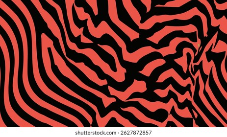 Abstract vector illustration with bold red and black wavy stripes, resembling animal print. Modern, eye-catching background perfect for fashion, textiles, or graphic design projects.