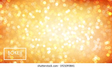 Ilustración vector abstracta con bokeh brillante. Partículas doradas desenfocadas sobre fondo naranja. Luces brillantes de día.