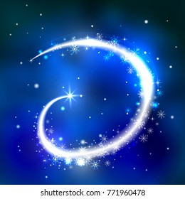 Abstract vector illustration of bright flash in the night sky with stars and snowflakes. New Year or Christmas background. Glowing sparkle in space. 