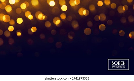 Abstract vector illustration with bright golden bokeh. Defocused particles. Glitter lights at night.