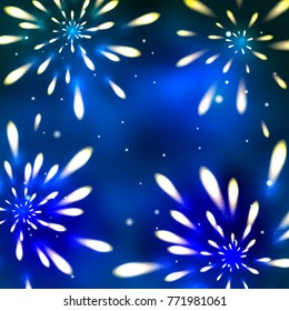 Abstract vector illustration of bright salute in the night sky with stars. New Year, Christmas holiday background. Glowing fireworks in space. Glittering flashes on dark blue background.