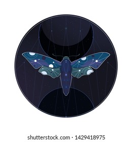 Abstract vector illustration with bright space moths in circle. Colorful vector illustration.