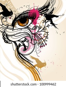 abstract vector illustration of a brown eye and black birds with plants and berries