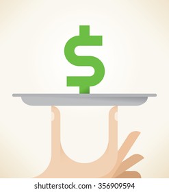 Abstract vector illustration of businessman hand holding serving tray dollar symbol.
Idea - Business profit, Successful negotiations result, Lottery win, Company growth, Leadership, Business lunch.