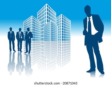 Abstract vector illustration of businessmen in front of an office building