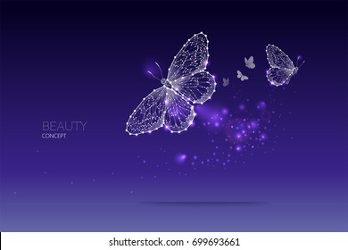 Abstract vector illustration of butterfly moving. starry night sky and line dot graphic design. concept of nature and art. Suitable use for background, line stroke weight editable