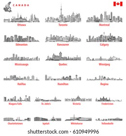 Abstract Vector Illustration Of Canadian City Skylines In Black And White Tints Color Palette With Map And Flag Of Canada