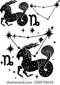 Abstract vector illustration of Capricorn Zodiac constellation. Contemporary art. Character, stars constellation and symbols.