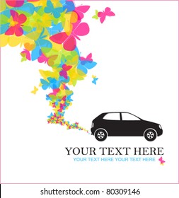 Abstract vector illustration with car and butterflies. Place for your text.