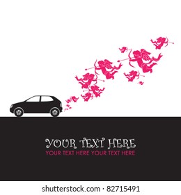 Abstract vector illustration with car and cupids. Place for your text.
